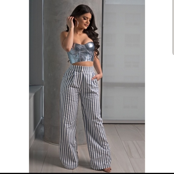 Blue White stripe high waist wideleg trousers L - Picture 3 of 7